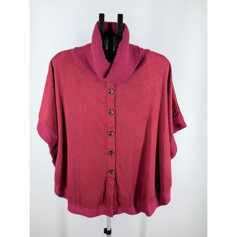 Multiples Womens Burgundy Faux Suede Ribbed Turtleneck Button Front Poncho Top M